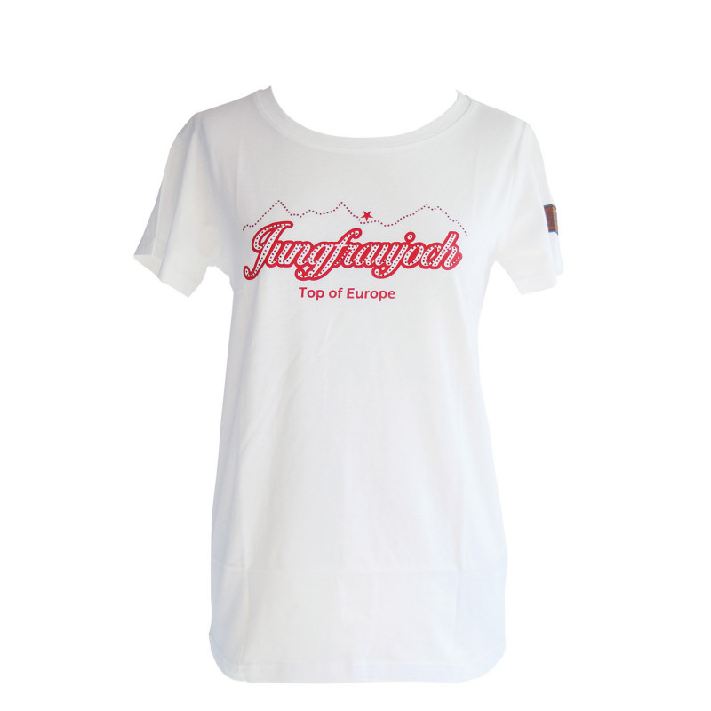 T-Shirt Jungfraujoch Official Collection, Damen, weiss mit Schriftzug Jungfraujoch und Bergkette 